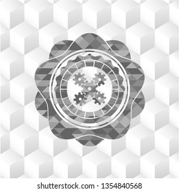 mechanism icon inside grey icon or emblem with geometric cube white background