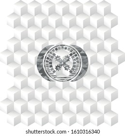 mechanism icon inside grey emblem. Vintage with geometric cube white background