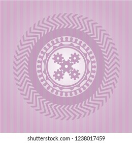 mechanism icon inside pink emblem. Retro