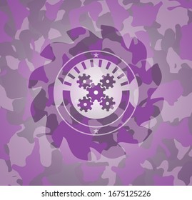 mechanism icon inside pink and purple camo texture