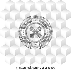 mechanism icon inside realistic grey emblem with geometric cube white background