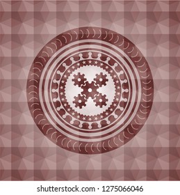 mechanism icon inside red badge with geometric background. Seamless.