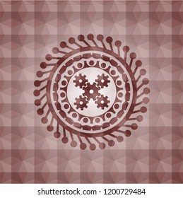 mechanism icon inside red emblem with geometric pattern background. Seamless.