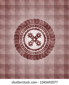 mechanism icon inside red emblem or badge with abstract geometric pattern background. Seamless.