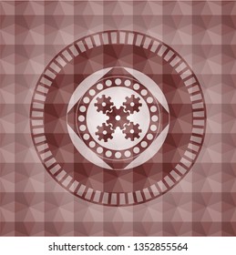 mechanism icon inside red emblem with geometric background. Seamless.