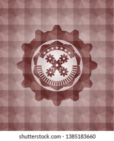 mechanism icon inside red geometric emblem. Seamless.