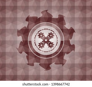 mechanism icon inside red geometric badge. Seamless.