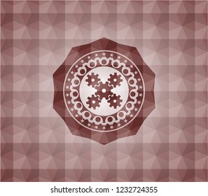 mechanism icon inside red polygonal badge. Seamless.