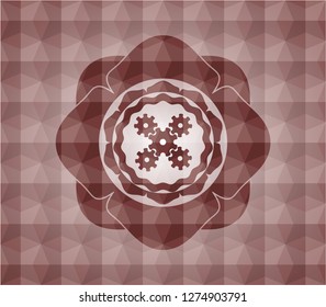 mechanism icon inside red seamless polygonal badge.