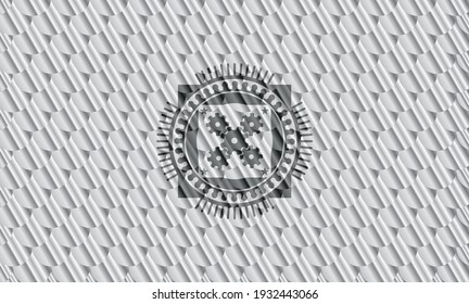 Mechaniksymbol in glänzendem Silber-Emblem. Skaliert Muster. Vektorgrafik. Detaillierte Angaben. 