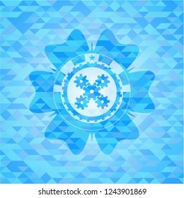 mechanism icon inside sky blue emblem with mosaic background