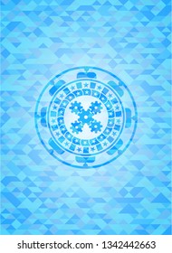 mechanism icon inside sky blue mosaic emblem