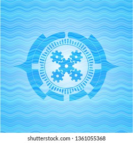 mechanism icon inside water concept style badge.