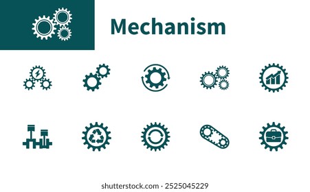 Ícones de mecanismo. Conjunto de símbolos vetoriais sólidos em engenharia mecânica, engrenagens, operações, configurações.