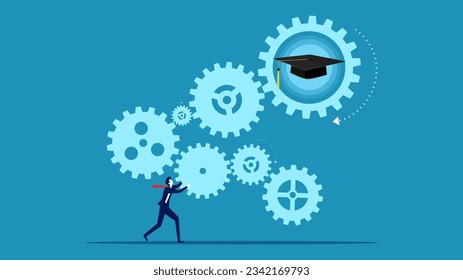 Mechanism of learning success. Businessman connect gear mechanism and graduation cap