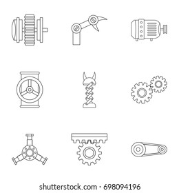 Mechanism parts icon set. Outline style set of 9 mechanism parts vector icons for web isolated on white background