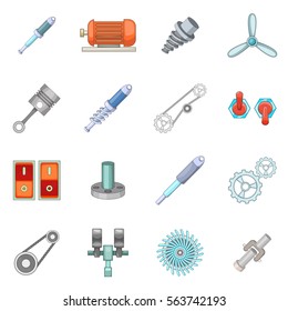 Mechanism parts icons set. Cartoon illustration of 16 mechanism parts vector icons for web