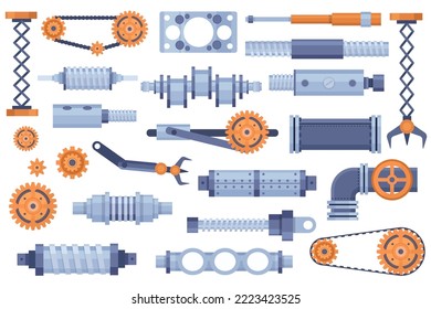 Mechanism parts, machine, factory engine industrial elements set. Technical gears and mechanics. Machinery, pinions and adapters isolated on white background. Vector illustration