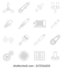 Mechanism parts set icons in outline style isolated on white background