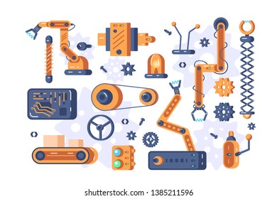 Mechanism parts set vector illustration. Manufacturing automation technology flat style concept. Industrial tools mechanical robot arms machine hydraulic equipment. Factory assembly conveyor