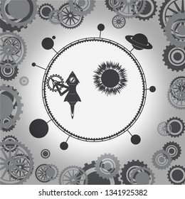 the mechanism is rotating the universe with planets around the rocket. Vector image. Eps