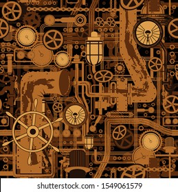 Сomplex mechanism, a seamless pattern consisting of gears, belt, ventilation pipes, cranes and flashlights, and other mechanical elements. Submarine mechanism. space ship. Vector illustration