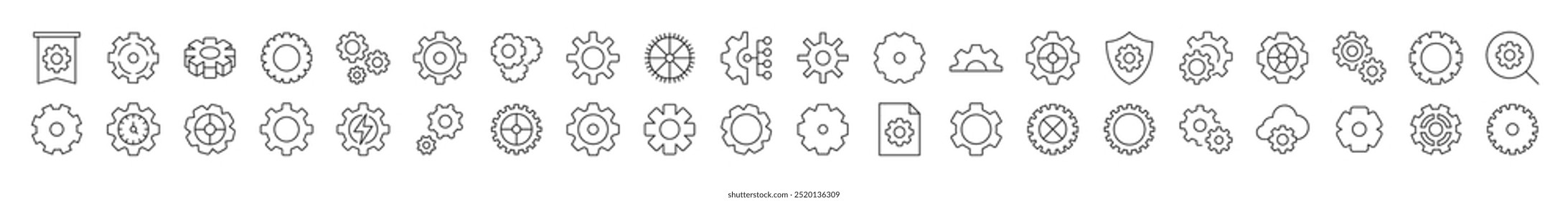 Mechanism and Settings Bundle of Related Line Icons. Editable Stroke for Design, Web Sites, Apps, Cards. Contains Linear Images of Gear