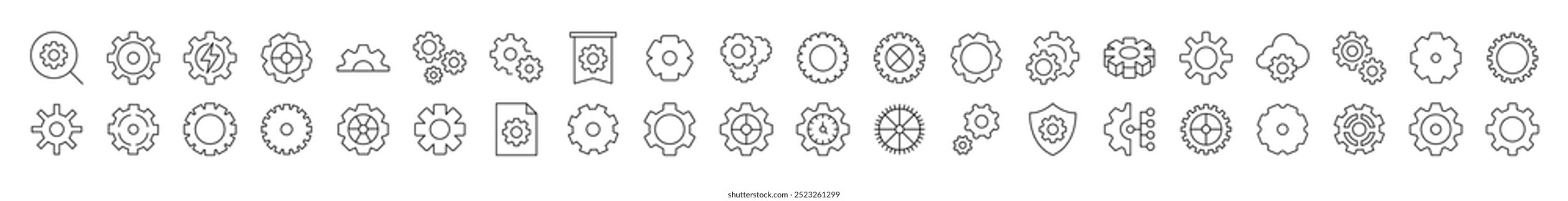 Mechanism and Settings Line Icon Bundle. Modern Collection for Design, Web Sites, Apps, Cards. Contains Linear Images of Gear