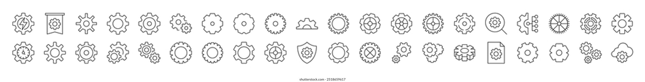 Mechanism and Settings Line Icon Set. Modern Collection for Design, Web Sites, Apps, Cards. Contains Linear Images of Gear