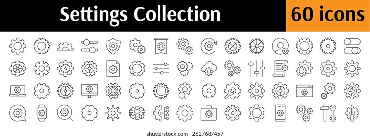 Mechanism and Settings Set of Thin Icons. Editable Stroke. Perfect for Web Sites, Books, Cards, Apps