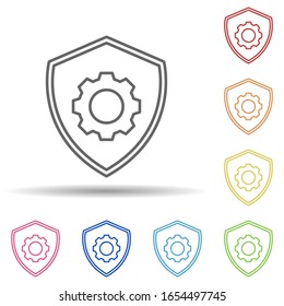 Mecanismo en la línea de escudo en el icono de estilo multicolor. Línea delgada simple, contorno vectorial de iconos antivirus para ui y ux, sitio web o aplicación móvil