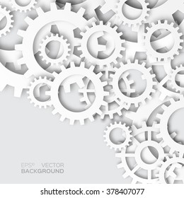 Mechanism system cogwheels. White gears. Origami paper cut style tech project.