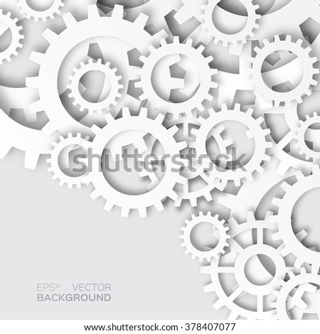 Mechanism system cogwheels. White gears. Origami paper cut style tech project.