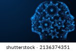 The mechanism of teamwork. A single think tank. Two silhouettes of people's faces with gears in their heads. Polygonal design of lines and dots. Blue background.