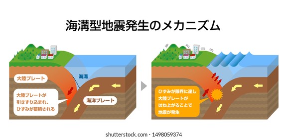 Mechanism Of Trench Earthquake Occurrence. 3 Dimensions View Vector Illustration (Japanese). Translation:Continental Crust,Oceanic Crust,The Continental Crust Is Dragged In
And The Strain Accumulat..