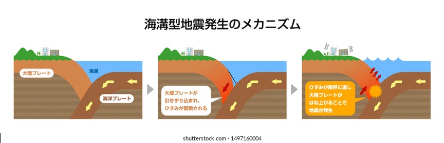 Mechanism Of Trench Earthquake Occurrence. Sectional View Vector Illustration (Japanese). Translation:Continental Crust,Oceanic Crust,The Continental Crust Is Dragged In
And The Strain Accumulates ..