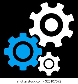 Mechanism vector icon. Style is bicolor flat symbol, blue and white colors, rounded angles, black background.
