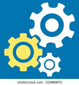 Mechanism vector icon. Style is bicolor flat symbol, yellow and white colors, rounded angles, blue background.