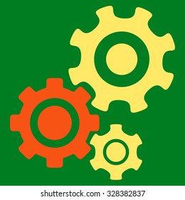Mechanism vector icon. Style is bicolor flat symbol, orange and yellow colors, rounded angles, green background.