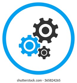 Mechanism vector icon. Style is bicolor flat circled symbol, blue and gray colors, rounded angles, white background.