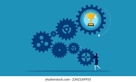 Mechanism to victory. Businesswoman connecting gears and trophies 