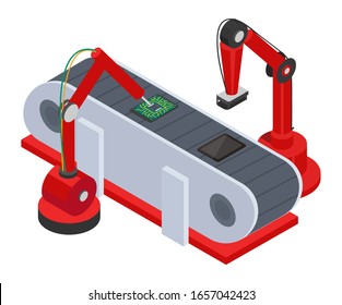 Mechanisms making gadgets on automated production. Smart robotic machines collect and control creating microchips on conveyor. Technical industry. Vector illustration of automation in flat style