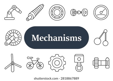 Mechanisms set icon. Robotic arm, threaded shaft, circular bearing, dumbbell weight, dial gauge, rotary crank, linkage joints, propeller, bicycle gear, cogwheel, piston rod, axle assembly