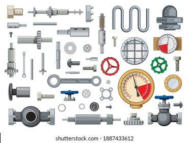 Mechanisms spare parts and engineering industry elements cartoon vector set. Worm, bevel, and helical gears, pipeline gate valves, piston pin and pressure gauges, hydraulic cylinder, bolts and gaskets