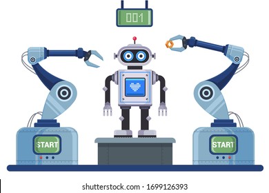 transportador mecanizado para el montaje del robot. Ilustración vectorial de carácter plano.