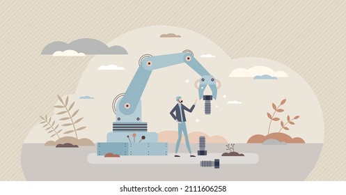 Mechatronics Engineering As Mechanic And Electronic Tech Tiny Person Concept. Smart And Complex Automation For Factory Arms Technology And Manufacturing Using Robotic Systems Vector Illustration.