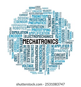 Mechatronics Word Cloud. Composition of Words Related to Automation, Robotics, and Control Systems. Engineering and Electromechanics Focus. Isolated Background.