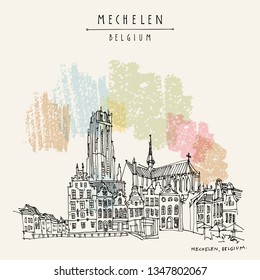 Mechelen, Belgium, Europe. Hand drawn travel postcard. Travel sketch. Hand drawing. Vintage hand drawn Belgium postcard. Vector illustration