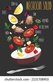 Mechouia salad. Mechouia tuna salad with grilled vegetables and eggs. Vector illustration