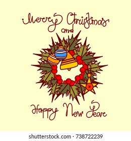 MeChristmas And New Year Greeting Card With Garland Wreath And Hand Drawn Lettering Background Vector Illustration